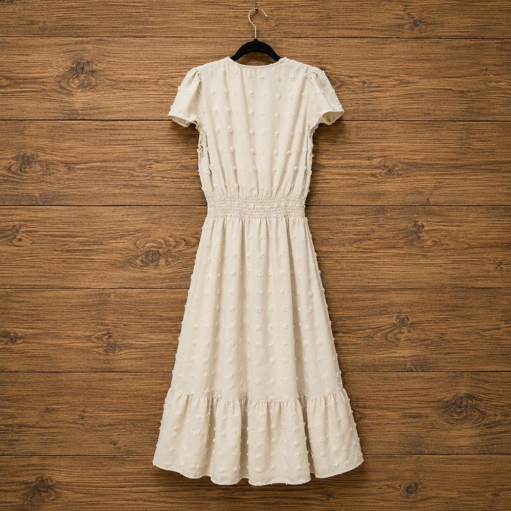 Cream Swiss Dot Maxi Dress Smocked Waist Pearl Button V-Neck Flutter Sleeve - Picture 6 of 8